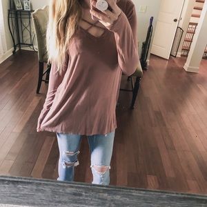 Bamboo Criss Cross V-Neck Top MAUVE